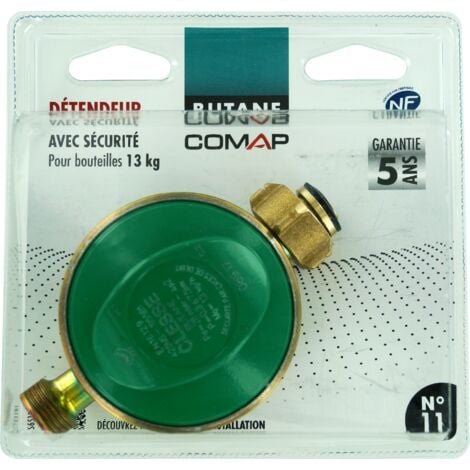 COMAP Détendeur gaz butane à sécurité fileté - NF 28 mbar - 1,3 kg/h - Bouteille butane 13 kg - Avec tétine - S651104