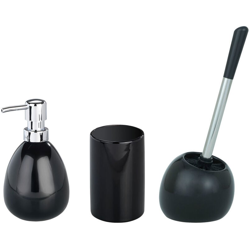 Keramik 3-teilig, WENKO Keramik, Bad-Accessoire-Set Keramik, Schwarz, Black Polaris 3-teilig schwarz