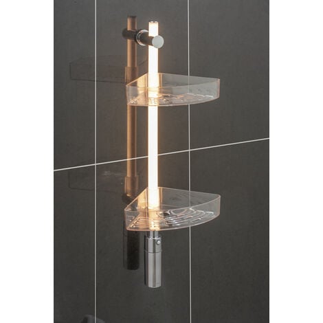 WENKO LED Duscheckregal, 74 cm, LED-Duschstange mit Bewegungsmelder und 2  Ablagen , Polykarbonat weiß chrom transparent