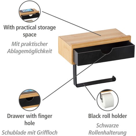 WENKO Toilettenpapierrollenhalter mit Schublade Bambusa, Toilettenpapierhalter aus Bambus, Braun, Bambus natur  schwarz