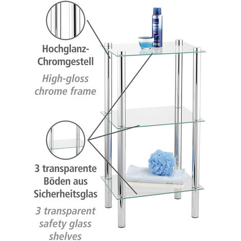 WENKO Regal Yago viereckig mit 3 Glasablagen, Silber glänzend, Edelstahl rostfrei glänzend, Gehärtetes Glas transparent