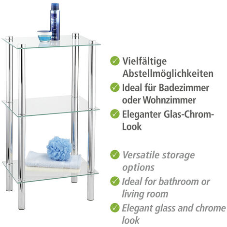 WENKO Regal Yago viereckig mit 3 Glasablagen, Silber glänzend, Edelstahl rostfrei glänzend, Gehärtetes Glas transparent