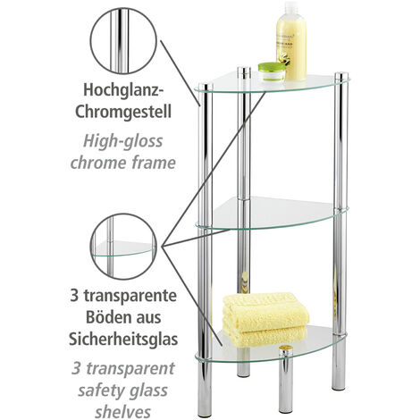 WENKO Eckregal Yago mit 3 Glasablagen, Silber glänzend, Edelstahl rostfrei  glänzend, Gehärtetes Glas transparent
