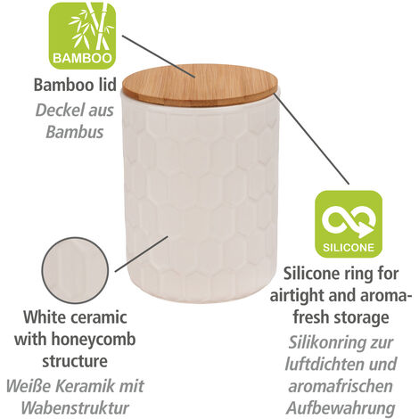 weiß, mit 1,3 Keramik Aufbewahrungsdose Keramik Bambus-Deckel, Bambus Weiß, braun aus FSC, L, WENKO Vorratsdose Maya