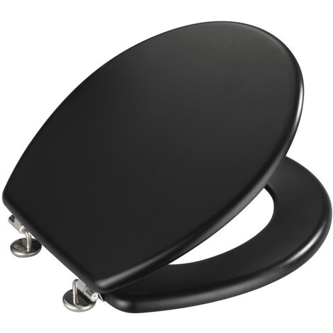 WENKO WC-Sitz Prima Schwarz Matt, MDF, FSC® zertifiziert,, Schwarz, MDF schwarz , Edelstahl rostfrei silber matt