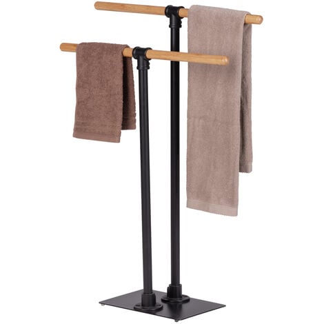 WENKO Handtuchständer Forli, Handtuchhalter aus schwarz, Schwarz, Stahl Stahl Bambus, natur Bambus und