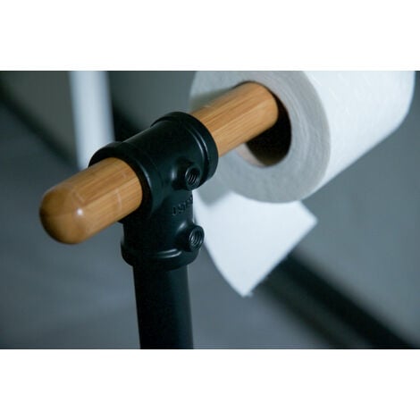 WENKO Stand WC-Garnitur Forli, inkl. Rollenhalter und WC-Bürste, Schwarz,  Stahl schwarz, Bambus natur