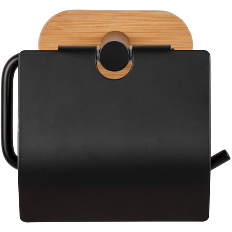 WENKO Turbo-Loc Toilettenpapierhalter Orea Bamboo mit Deckel, Befestigung  ohne bohren, Schwarz, Edelstahl rostfrei schwarz, Bambus natur