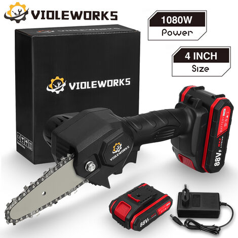 VIOLEWORKS 4 '' podadora eléctrica inalámbrica mini motosierra de batería  18V sierra de troncos eléctrica sierra de cadena 2 baterías negro