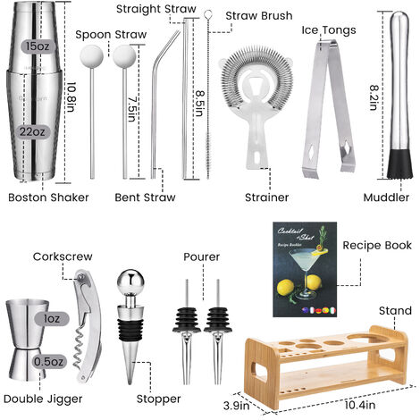Mezclador de cócteles de acero inoxidable, 16 Uds., mezclador de bebidas,  barman, herramientas para Martini, barra estadounidense LBTN