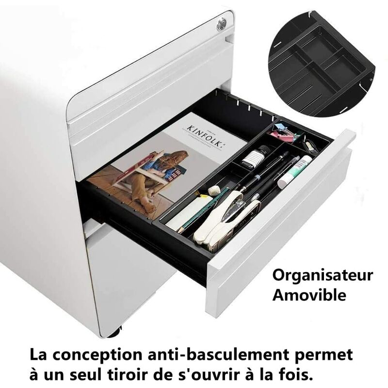 Caisson de Bureau à Roulette 3 Tiroirs Dripex - Meuble Dossier Suspendu  Métal Verrouillable Blanc - Cdiscount Maison