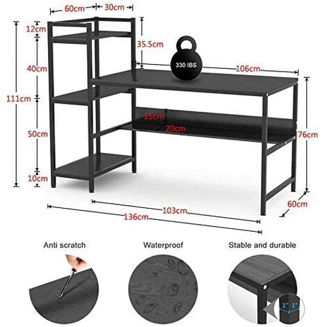 Bureau Informatique avec Rangement Table d'Étude Bureau d'Ordinateur 136 x  60 x 111 cm avec 4 Etagères pour Chambre Maison Maison et Bureau - Noir -  Achat & prix