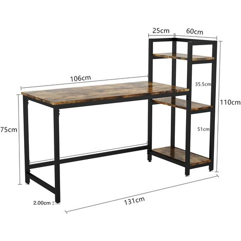 Dripex Bureau Informatique avec Rangement, Bureau Métal et Bois 131 x 60 x  110 cm Table d'étude dans la Chambre - Marron Rustique