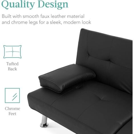 Limon 2-Seater Adjustable Black Leather Sofa Bed with Built-In Drink Holder