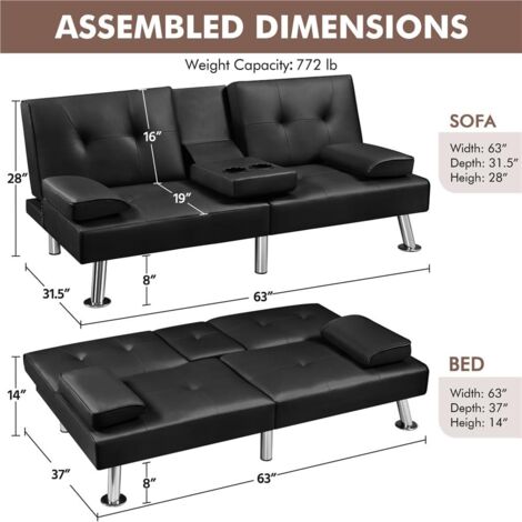 Limon 2-Seater Adjustable Black Leather Sofa Bed with Built-In Drink Holder