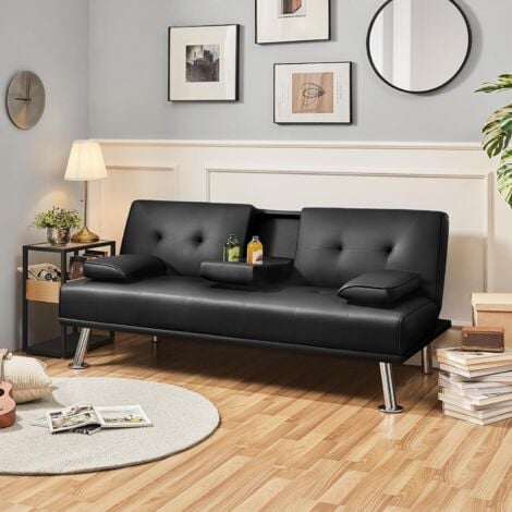 Limon 2-Seater Adjustable Black Leather Sofa Bed with Built-In Drink Holder