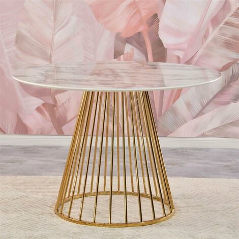 100cm White Round Marble Dining Table with Golden Chrome Legs Marble Effect Top