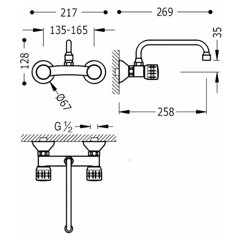 TRES Grifería bimando fregadero pared ESE-23 258mm