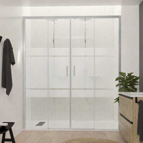 Mampara de Ducha frontal Corredera F1 2 fijo + 2 puertas – Sin Perfil Bajo Decoracion Mampara: Cristal Decorado - Mamparas: 185 cm