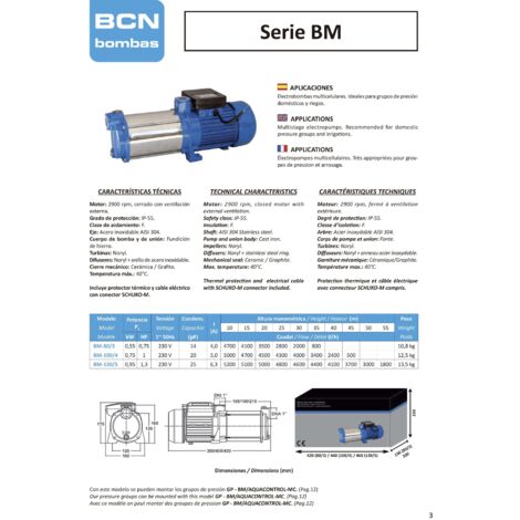 Bomba de Agua Multicelular Horizontal BM-80/3 BCN - 0,75 Cv