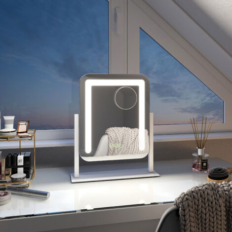 EMKE Hollywood Vanity LED Mirror Tabletop Vanity Mirror with 7X Magnifier, 3 Color Lighting, Rotation, Adjust Brightness, 30x23cm, White
