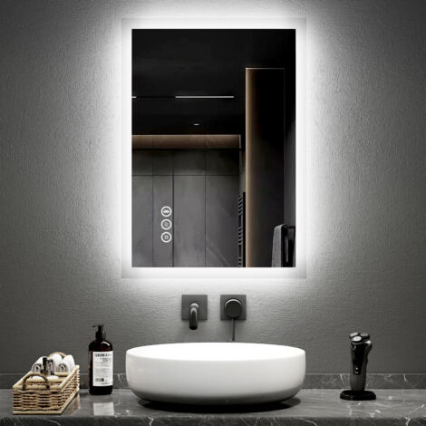 EMKE Blue Atmosphere Light LED Illuminated Bluetooth Bathroom Mirror with Shaver Socket 50X70cm Two Colour Dimmable Defog Mirror