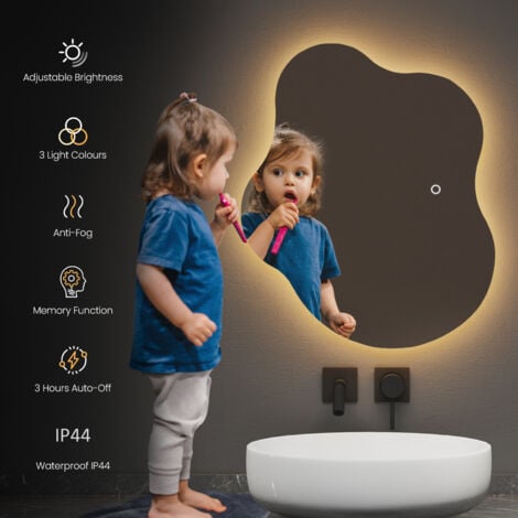 EMKE LED Backlit Bathroom Mirror 50x60cm Asymmetrical Illuminated Bathroom Mirror Wall-Mounted Vanity Mirror with Touch Control, Anti-Fog, Dimmable & 3 Colours Vertical/Horizontal