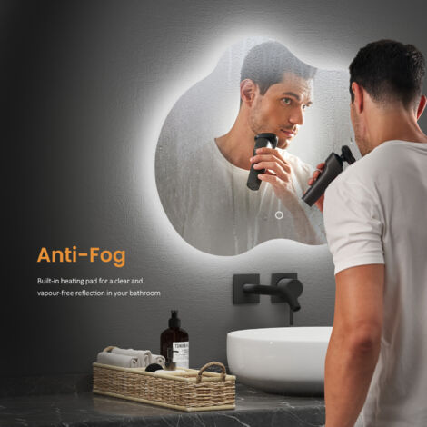 EMKE LED Backlit Bathroom Mirror 50x60cm Asymmetrical Illuminated Bathroom Mirror Wall-Mounted Vanity Mirror with Touch Control, Anti-Fog, Dimmable & 3 Colours Vertical/Horizontal