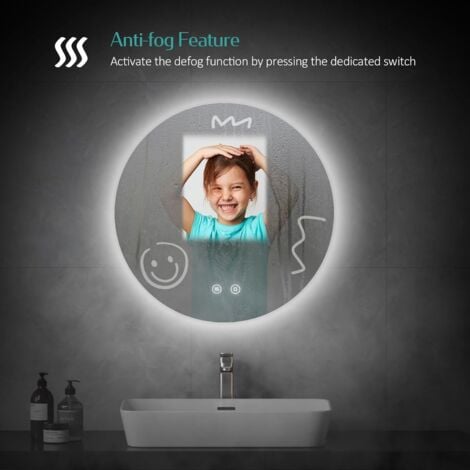 EMKE Round Bathroom Mirror with LED Lights 80cm Illuminated Backlit Wall Mounted Bathroom Mirror with Demister Memory Function with Dimmable Brightness