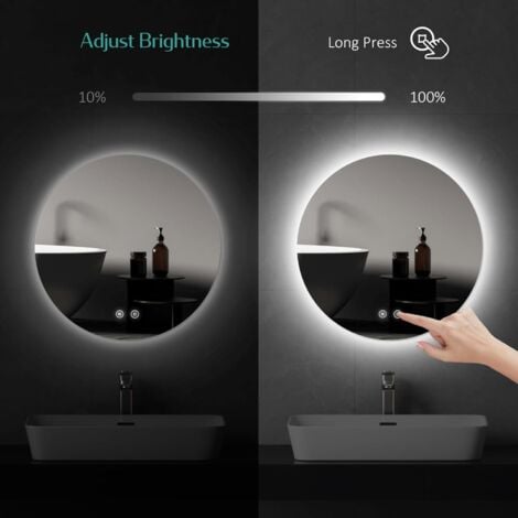 EMKE Round Bathroom Mirror with LED Lights 80cm Illuminated Backlit Wall Mounted Bathroom Mirror with Demister Memory Function with Dimmable Brightness