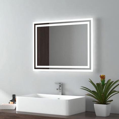 EMKE Illuminated Backlit LED Bathroom Mirror, Wall Mounted Multifunction Bathroom Vanity Mirror with Lights and Demister Pad, Adjustable Color Tones 450x600MM (1/5)