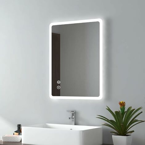 EMKE Backlit Illuminated Bathroom Mirror 450 X 600 mm, Wall Mounted Multifunction Bathroom Vanity Mirror with LED Lights and Demister Pad and Bluetooth Speaker, Energy-Saving LED Smart Mirrors