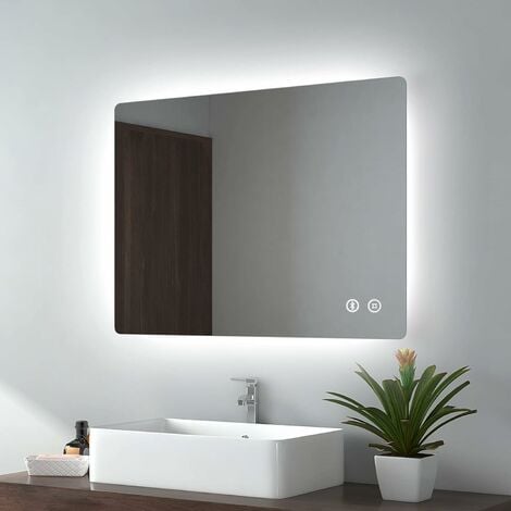 EMKE Backlit Illuminated Bathroom Mirror with Lights 600x800mm,Vanity Mirror with LED Lights and Demister Pad and Bluetooth Speaker and Shaver Socket - 600x800mm/Touch+Demister+Bluetooth+Shaver Socket