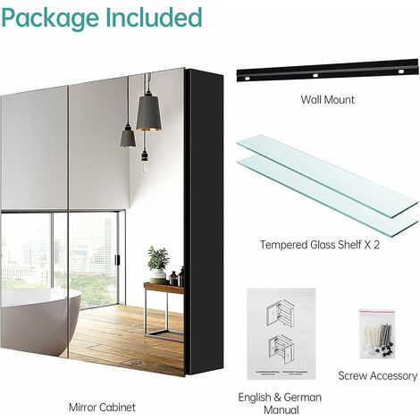 thumbnail image 2 of Modern 2-Door Mirrored Bathroom Wall Cabinet – MDF, Stainless Steel Handles, Wall Mounted 2 of 4
