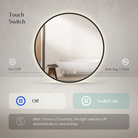 EMKE Smart Bathroom Mirror with Led Lights, 600mm Dimmable Illuminated Backlit Bathroom Mirror with Demister, Touch, Brightness Memory, Automatic Power-off, Clock, Black