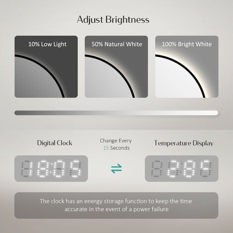 EMKE Smart Bathroom Mirror with Led Lights, 600mm Dimmable Illuminated Backlit Bathroom Mirror with Demister, Touch, Brightness Memory, Automatic Power-off, Clock, Black