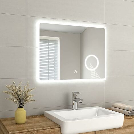 EMKE Backlit Illuminated Bathroom Mirror with Shaver Socket Wall Mounted Multifunction LED Bathroom Vanity Mirror with Touch Switch, Demister Pad and 3x Magnifier, 800x600 mm, [Horizontal]