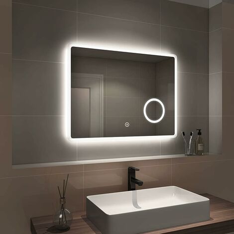 EMKE LED Bathroom Mirror Illuminated Wall Mirror Touch Switch + Demister Pad + Shaver Socket + 3X Magnifying Mirror, 800 x 600mm, Horizontal