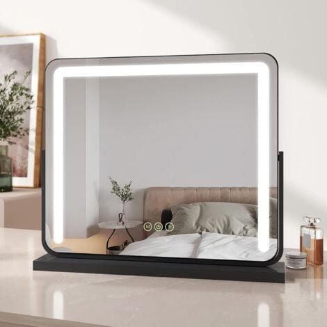 EMKE Hollywood Vanity Mirror with Lights, Large Round Corner Tabletop Makeup Mirror with Dimmable, Smart Touch Screen, Hollywood Mirror with 360° Rotation and Memory Function, 60 x 52cm, Black