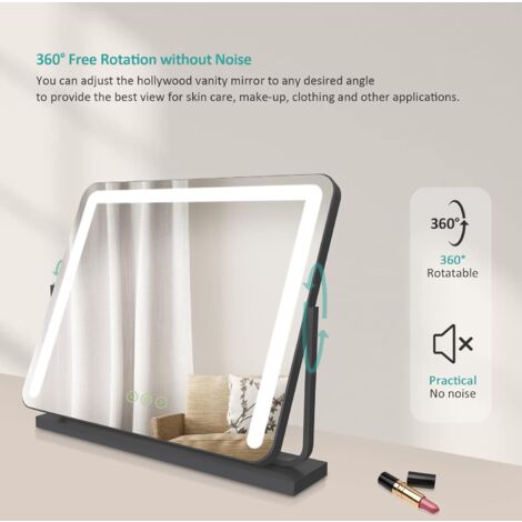EMKE Hollywood Vanity Mirror with Lights, Large Round Corner Tabletop Makeup Mirror with Dimmable, Smart Touch Screen, Hollywood Mirror with 360° Rotation and Memory Function, 60 x 52cm, Black