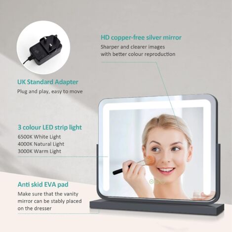 EMKE Hollywood Vanity Mirror with Lights, Large Round Corner Tabletop Makeup Mirror with Dimmable, Smart Touch Screen, Hollywood Mirror with 360° Rotation and Memory Function, 60 x 52cm, Black