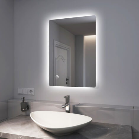 EMKE Bathroom LED Mirror with Shaver Socket, Bathroom Mirrors with Extra Fuse, Dimmable & Demister, 500x700mm Horizontal / Vertical