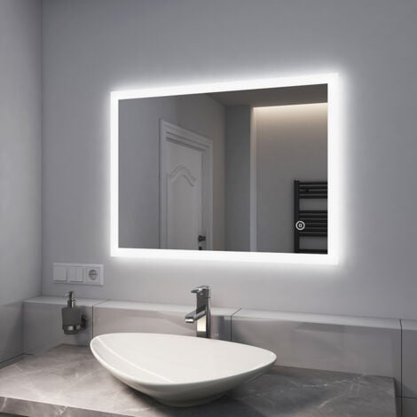 EMKE Bathroom Mirror with Shaver Socket, Wall Mounted LED Mirror with Extra Fuse, Dimmable & Demister, 600x800mm Horizontal / Vertical