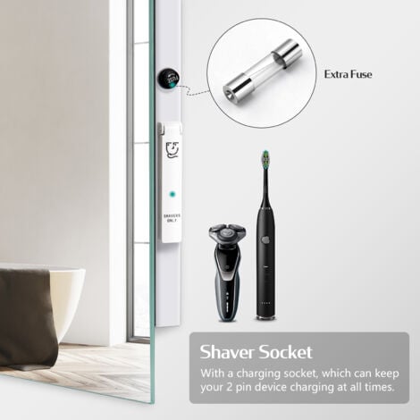 EMKE Bathroom Mirror with Shaver Socket, Wall Mounted LED Mirror with Extra Fuse, Dimmable & Demister, 600x800mm Horizontal / Vertical