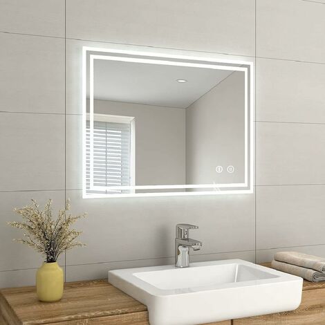 EMKE Shaver Bathroom Mirror with Bluetooth Speaker, Backlit LED Illuminated Bathroom Mirror with Fuse & Demister, 600x800mm