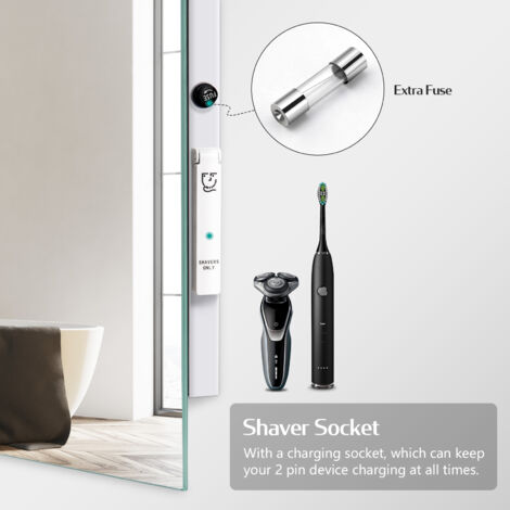 EMKE Backlit Illuminated Bluetooth Bathroom Mirror with Shaver Socket, Wall Mounted Smart Mirror with Fuse & Demister, 500x700mm