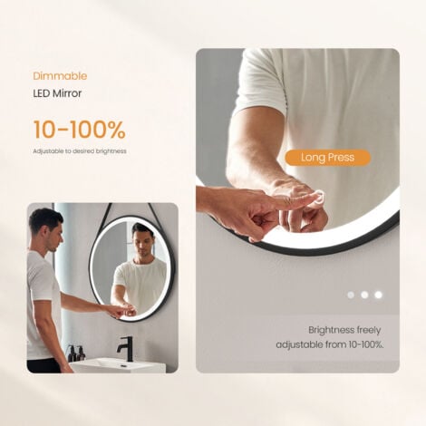 EMKE Round Bathroom LED Mirror Backlit Makeup Mirror with Touch, Leather, Dustproof, Anti-fog, Black 800mm