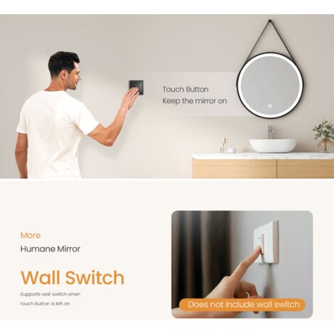 EMKE Round Bathroom LED Mirror Backlit Makeup Mirror with Touch, Leather, Dustproof, Anti-fog, Black 800mm