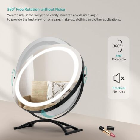 EMKE Hollywood Vanity Mirror 360° Rotation Dressing Table LED Mirror with Touch, 3 Color Lighting Tabletop Cosmetic Mirror, Black ф50cm