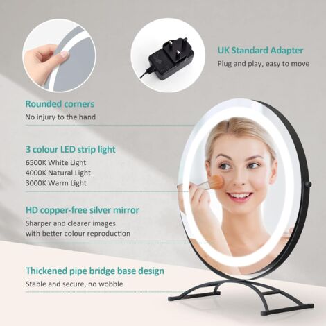 EMKE Hollywood Vanity Mirror 360° Rotation Dressing Table LED Mirror with Touch, 3 Color Lighting Tabletop Cosmetic Mirror, Black ф50cm